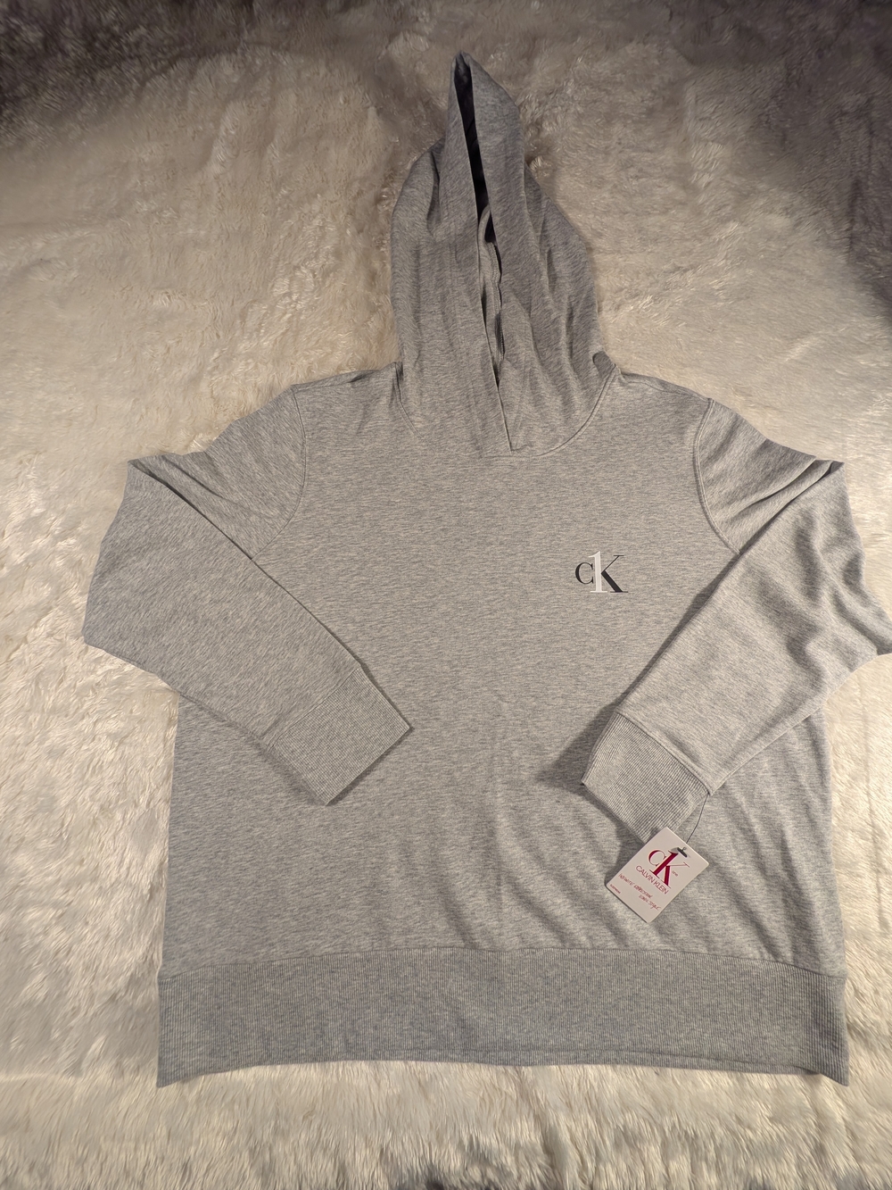 Calvin Klein Light Gray Hooded Sleep Hoodie with CK 1 On Chest Logo Lightweight